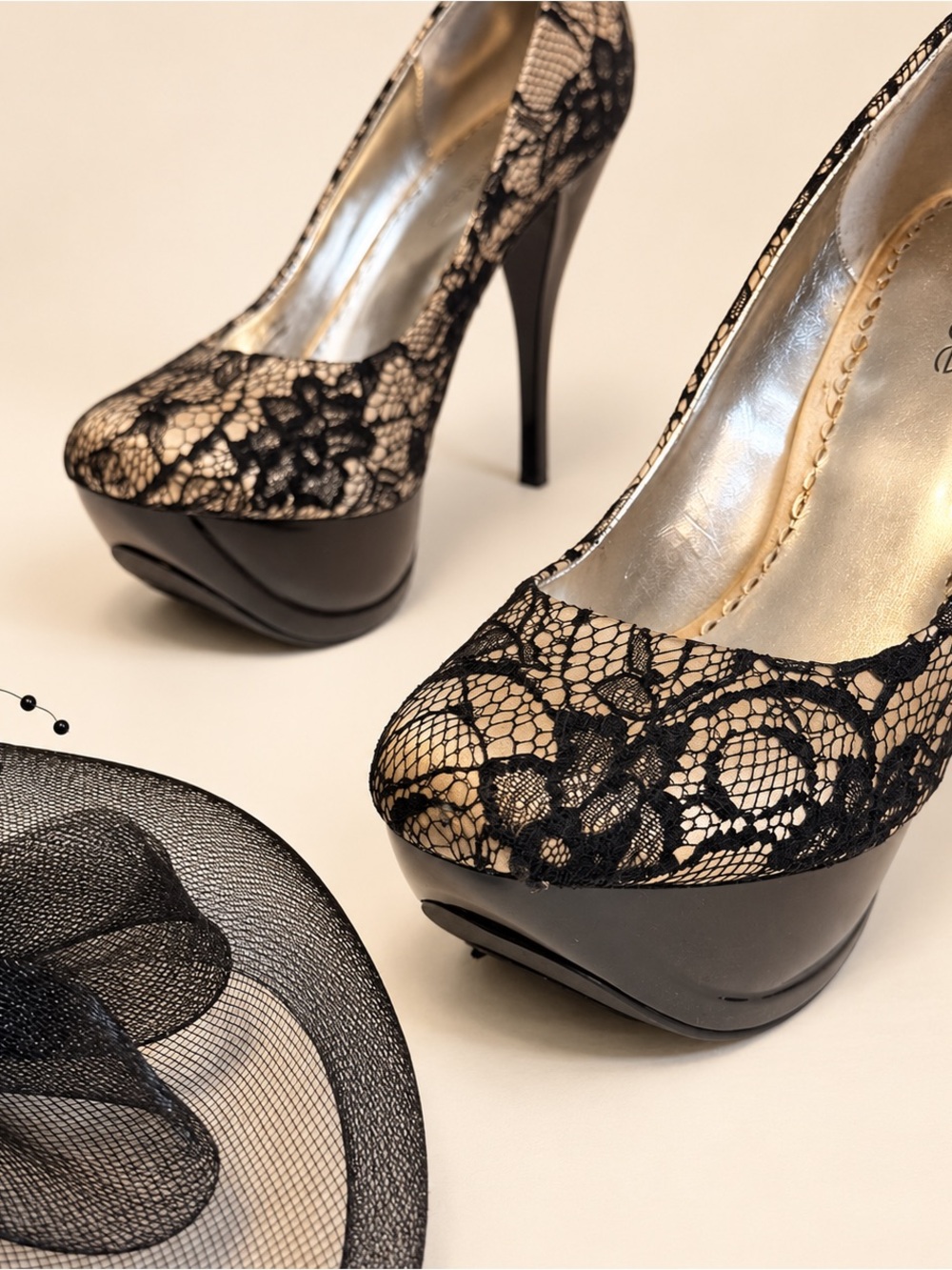 Bebe Black Lace Nude Platform Stiletto Pumps  9M